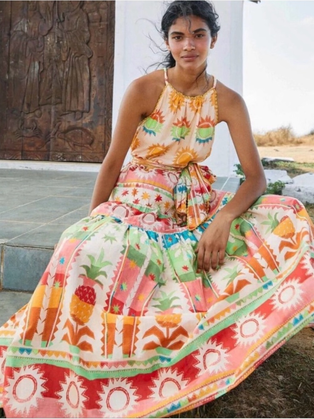 FARM RIO X Anthropologie Rainbow Sunset Halter Bow Maxi Dress Like New XS
